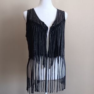 Boho Biker Black Fringe Sleeveless Open Front Vest Medium, Bikercore Grunge Top